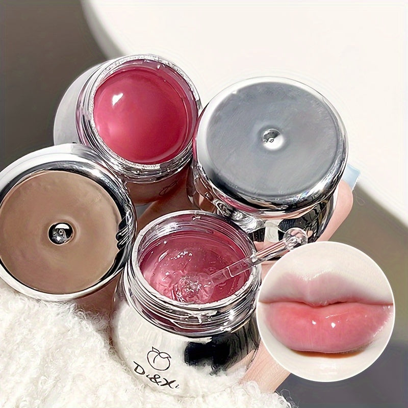 Silvery jar lip balm with peach flavor for moisturizing lips before makeup.