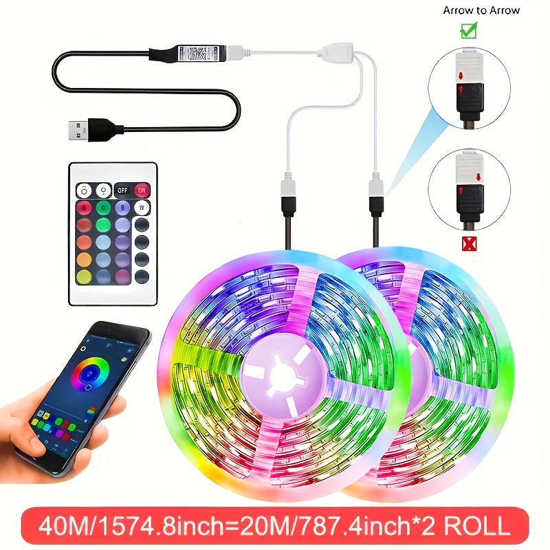 39.62m RGB 5050 DIY LED Tape Light, USB Flexible Ribbon Diode Strip for TV Backlight Room Decoration.