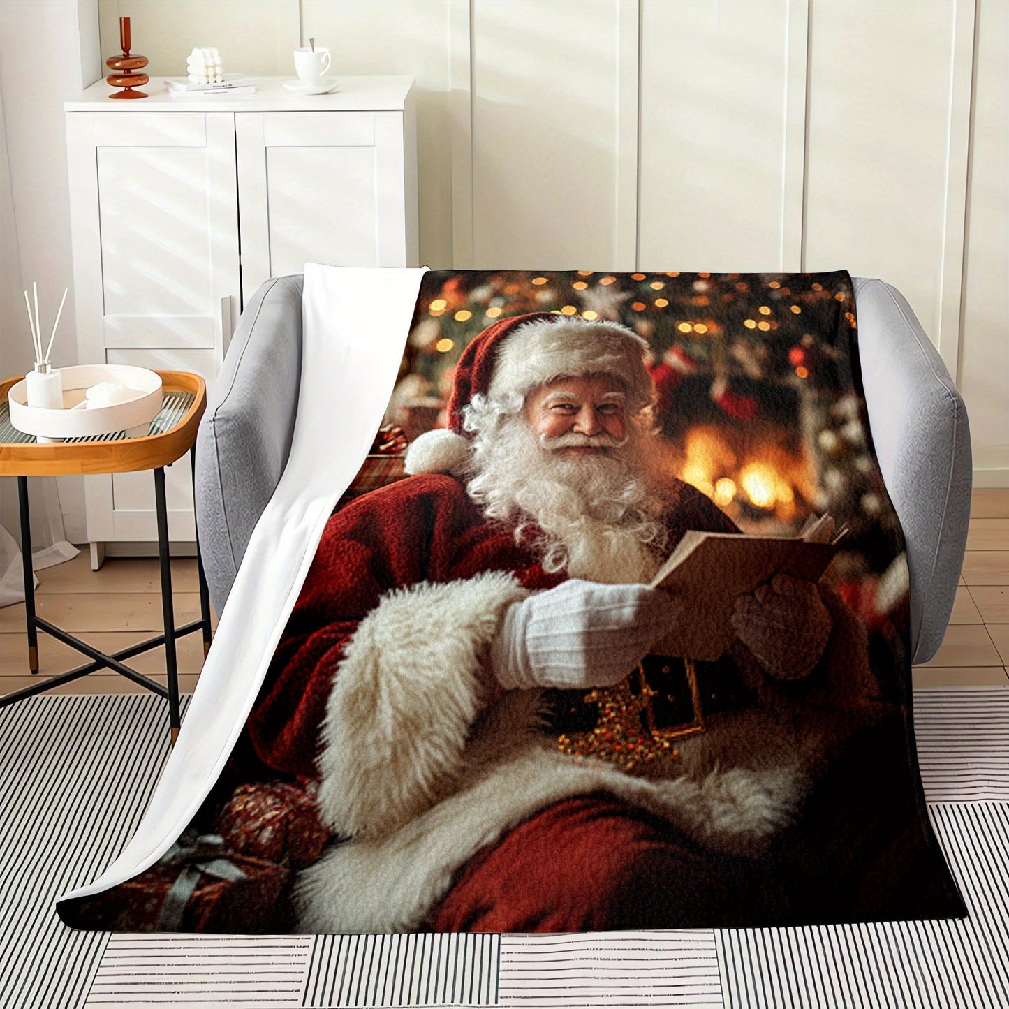 Cozy Flannel Fleece Throw Blanket featuring a Digital Cartoon Santa Print - Hypoallergenic Quilted All-Season Throw, perfect for keeping warm during naps. Makes an Ideal Christmas Gift for Family and Friends. Designed with a Contemporary Geometric