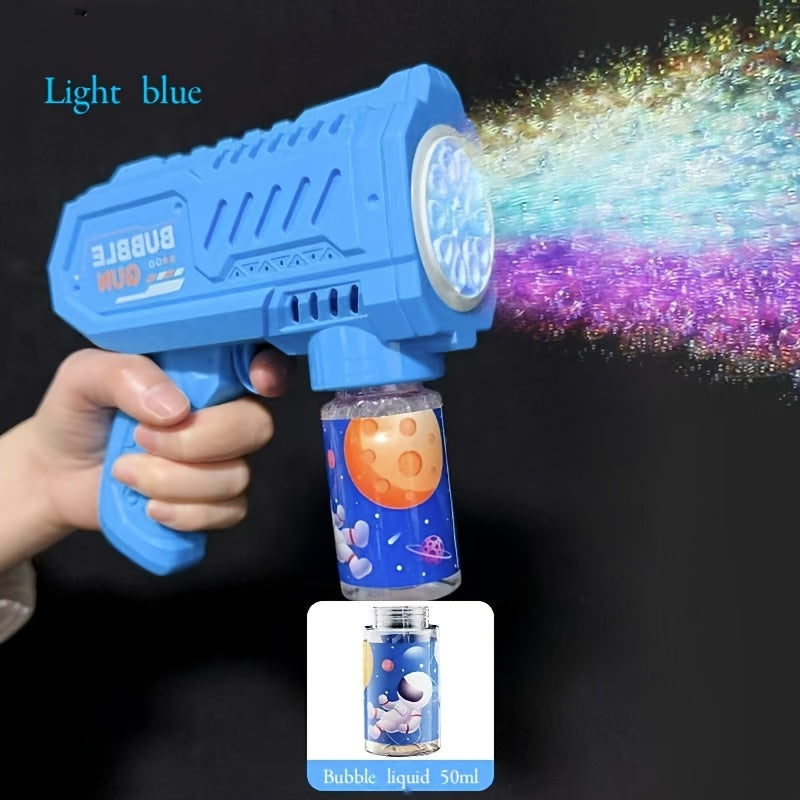 1pc Electric Bubble Gun for kids with LED lights, refillable solution, perfect for parties.