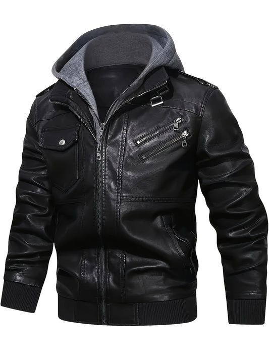 Men's casual faux leather jacket with hood, multi-pocket design, regular fit, solid color, polyester lining, woven fabric - Pearson OBM.