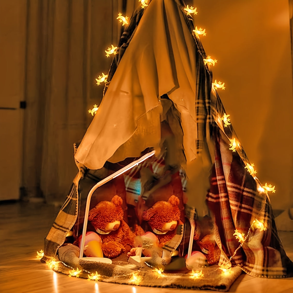 Battery powered star and moon light string for home decor, suitable for various festive decorations.