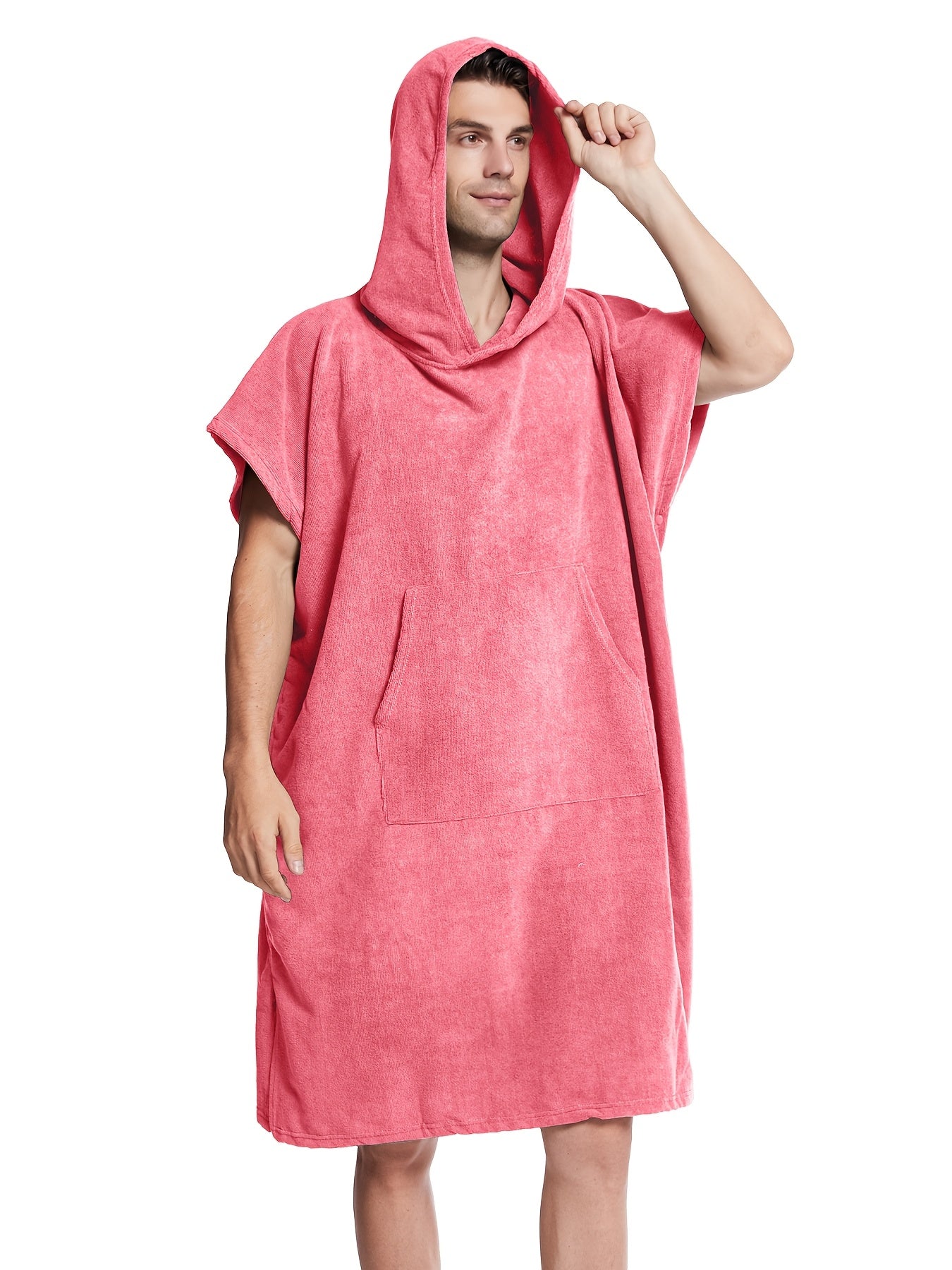 Men's quick-dry hooded towel robe with split hem for home and bath.