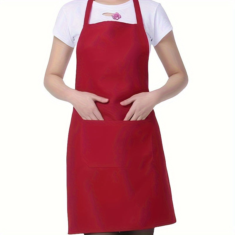 Waterproof adjustable polyester apron with pockets in red, black, and pink. Ideal for cooking, BBQ, and salon use. Great for BBQ essential gear.