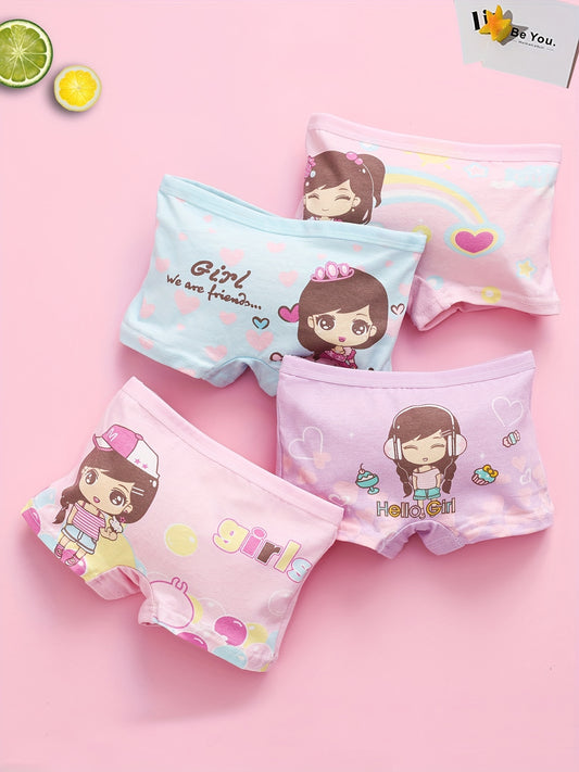 Set of 4 cute cartoon girl print briefs made of soft cotton for year-round comfort.