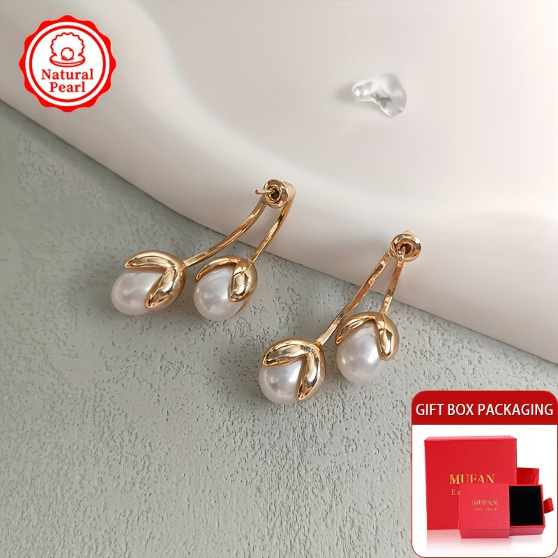 Vintage and elegant pearl drop and dangle earrings for women with natural freshwater pearls, measuring 8mm. Made with alloy ear needles and no plating. Features June birthstone. Comes in a gift box, perfect for daily wear. Includes one pair.