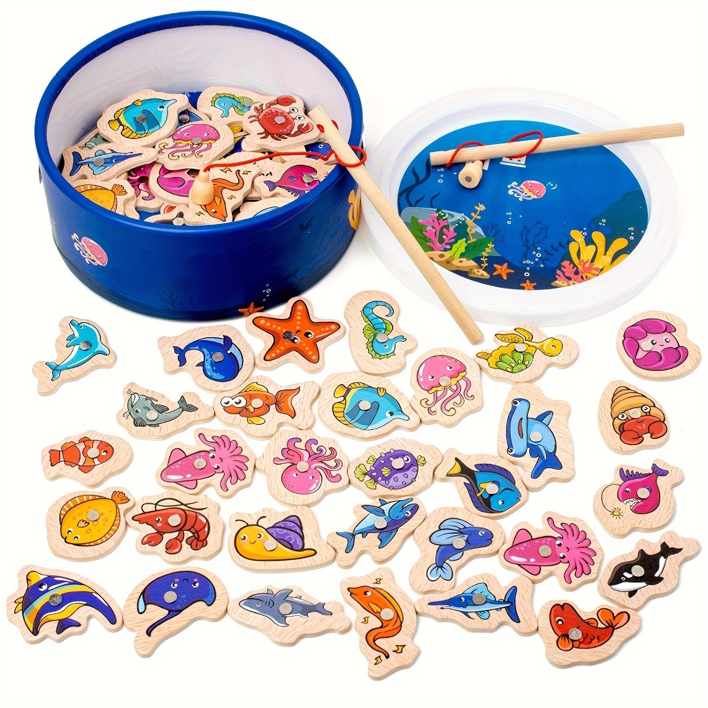 VPHWG Magnetic Wooden Fishing Game: Educational, Interactive, Colorful Marine Life Pieces, Ideal Birthday Gift.