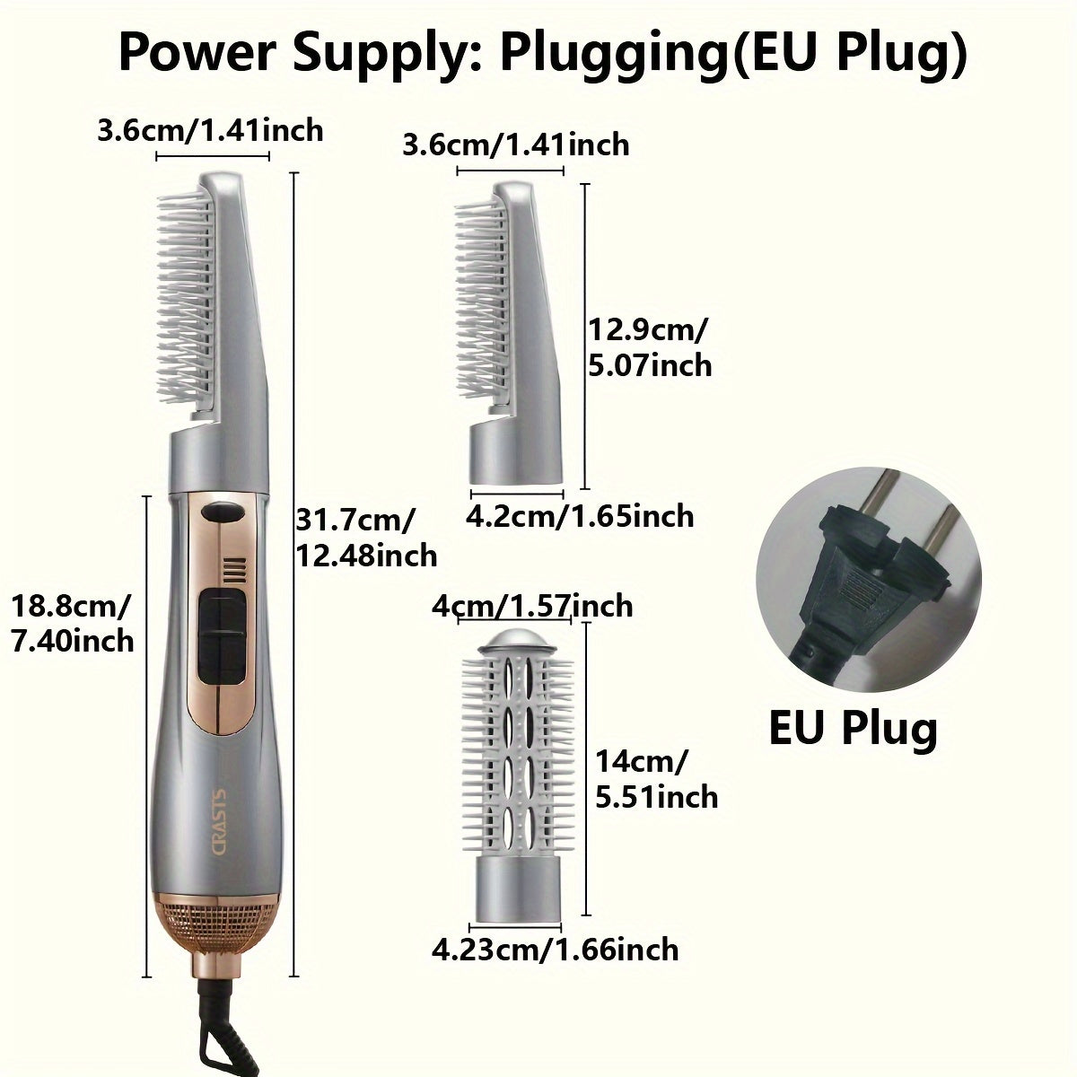CRASTS Professional Hair Dryer Brush Comb Set, 800W Dual-Function Heat Styling Tool with Replacement Brush Heads. European Standard Plug, 220V Plug Powered. Ideal for Straightening and