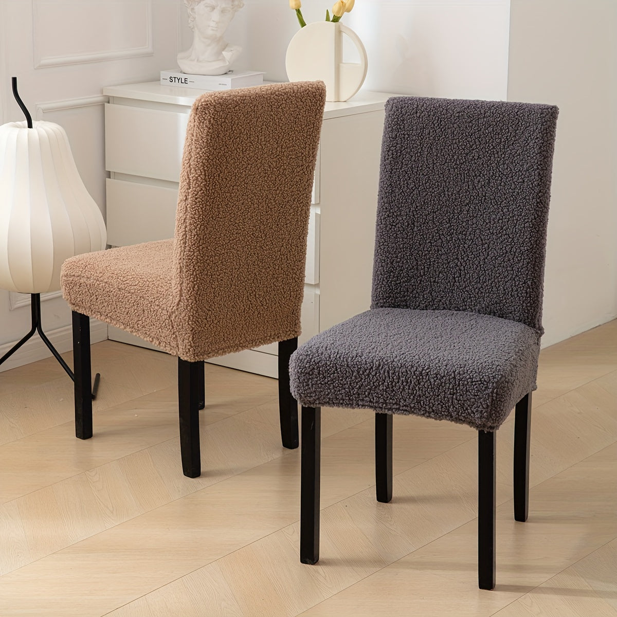 Stretch Sherpa chair cover with removable elastic slipcover, pet-friendly and machine washable. Made with a polyester and spandex blend, designed for home, restaurant, office, or banquet use. Available in multiple colors.