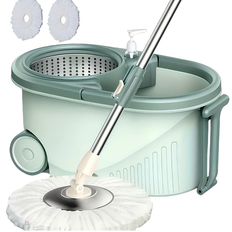 Get your hands on a convenient Hands-Free Cleaning Rotating Mop and Bucket Kit, complete with 2 replacement mop heads. This kit is perfect for both wet and dry use, and is ideal for cleaning hardwood floors, laminate, tiles, and wooden floors. It's the