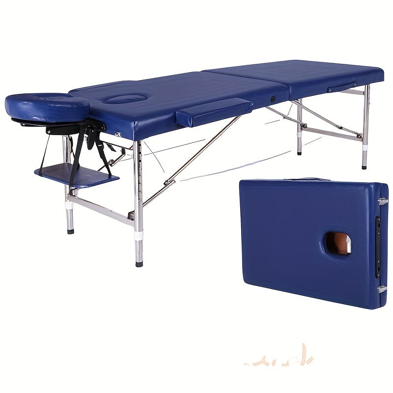 Foldable and portable adjustable height massage table with face pillow and suspension design, ideal for home, spa, and tattoo parlors.