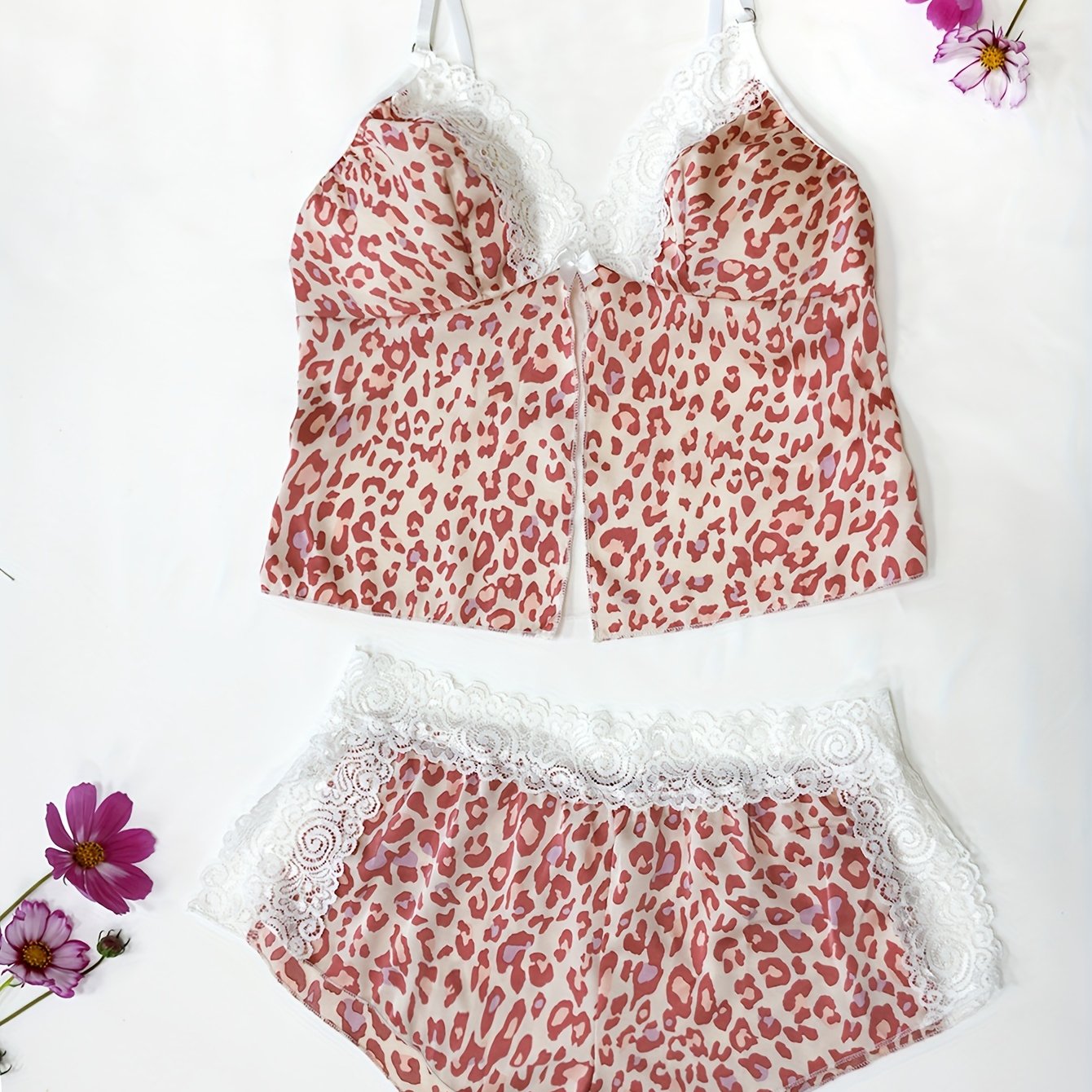 Valentine's Day rose print satin lace pajama set with slit.