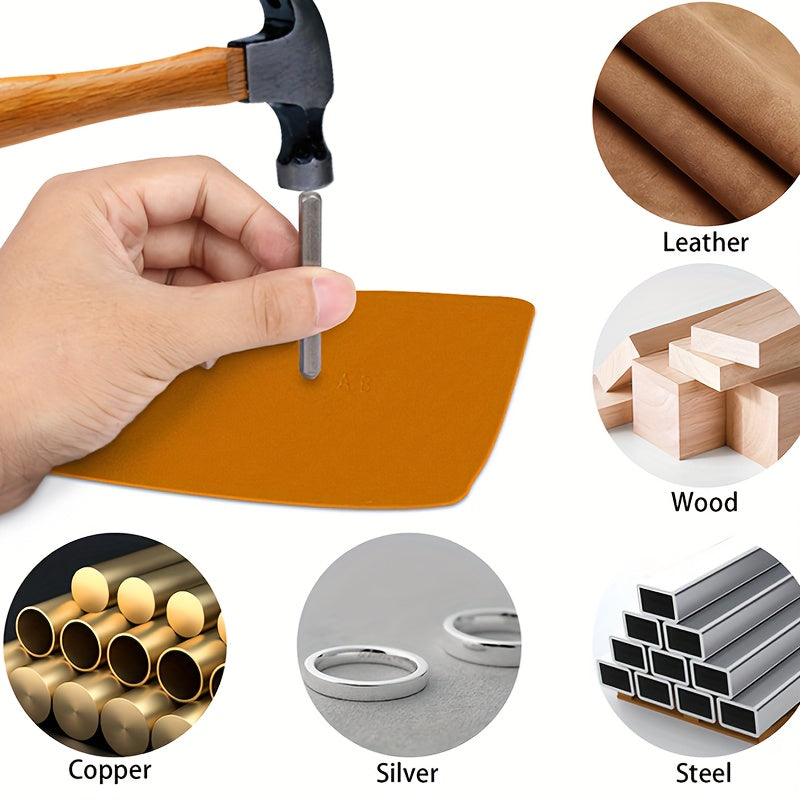 Alloy steel stamp set for imprinting on various materials such as metal, plastic, wood, and leather. Great for crafting and arts.