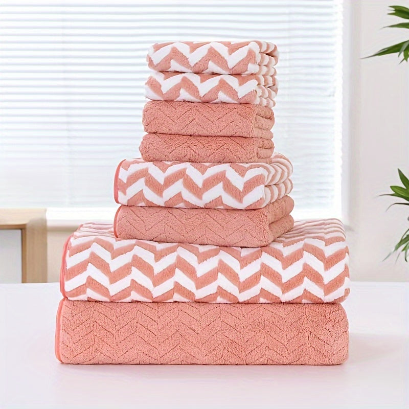 8-piece Chevron Stripe Towel Set for quick-drying absorbency in bathroom, Home, Hotel, and Spa. Includes 2 Bath Towels, 2 Hand Towels, and 4 Washcloths made of 280gsm Polyester.