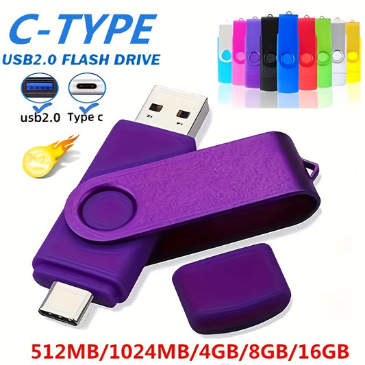 512MB/1024MB/4GB/8GB/16GB/32GB USB 2.0 & Type-C Flash Drive, Dual Interface, Compatible with Android, PC, Car, TV, Assorted Colors, Storage Device