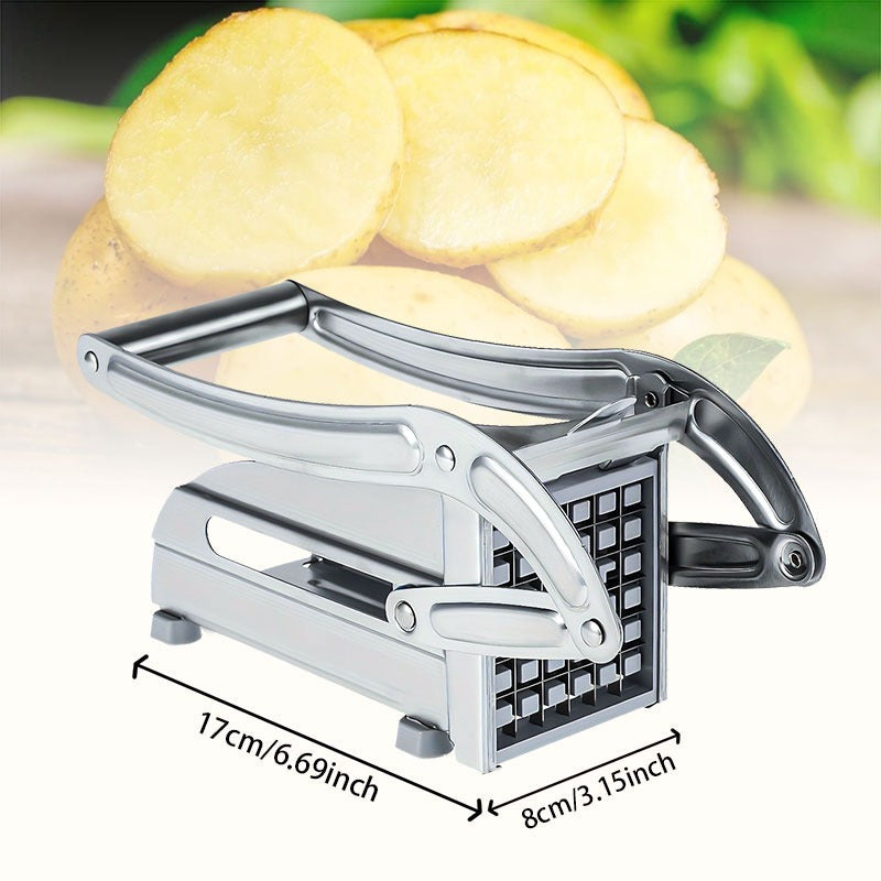 No electricity needed for this multifunctional stainless steel French fry cutter and manual potato dicer with 2 blades. This cast iron kitchen utensil is perfect for cutting vegetables and fruits.