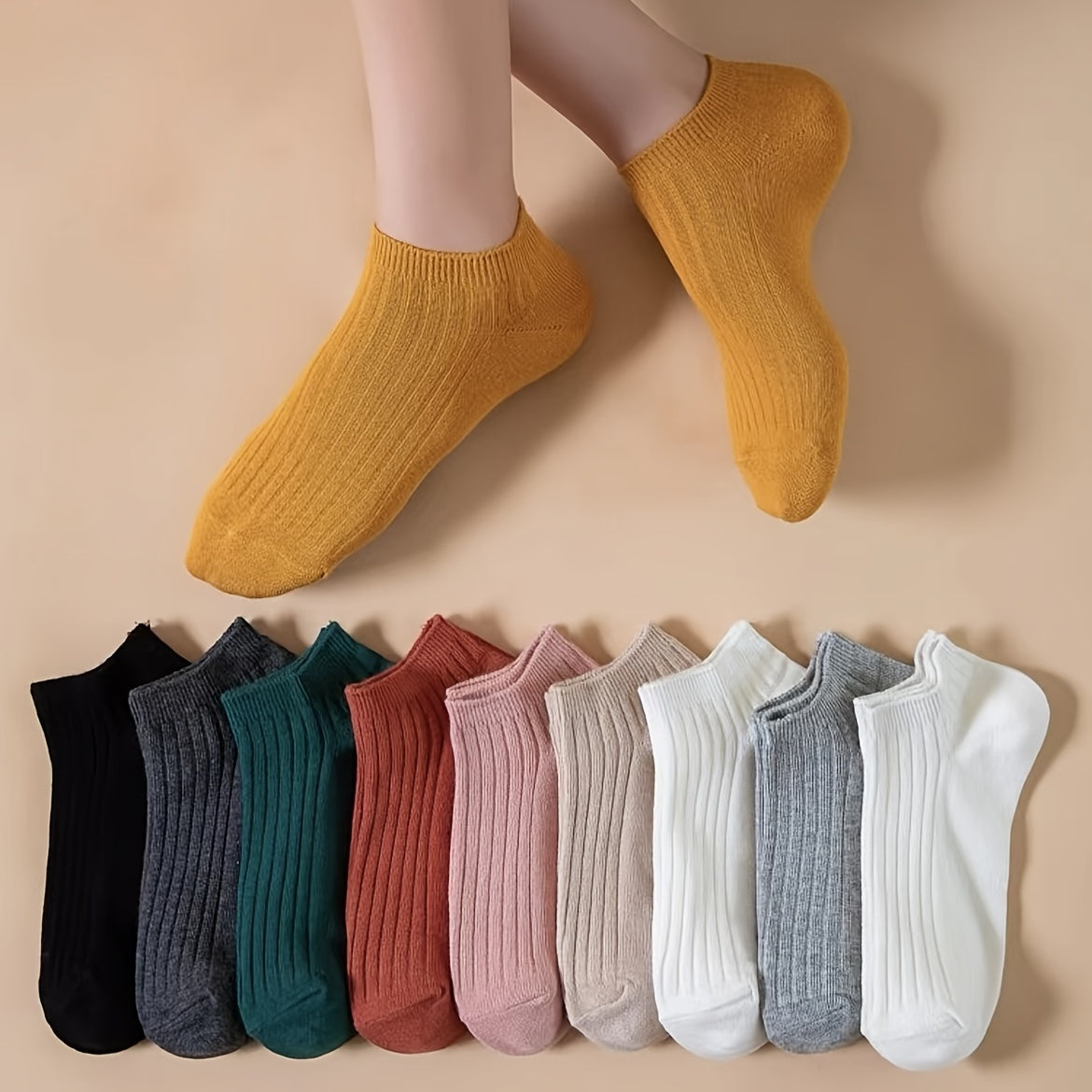 10 pairs of women's ankle socks in assorted colors (mustard yellow, black, dark green, pink, white, light gray, charcoal) - breathable, stretchy, comfortable, and machine washable.