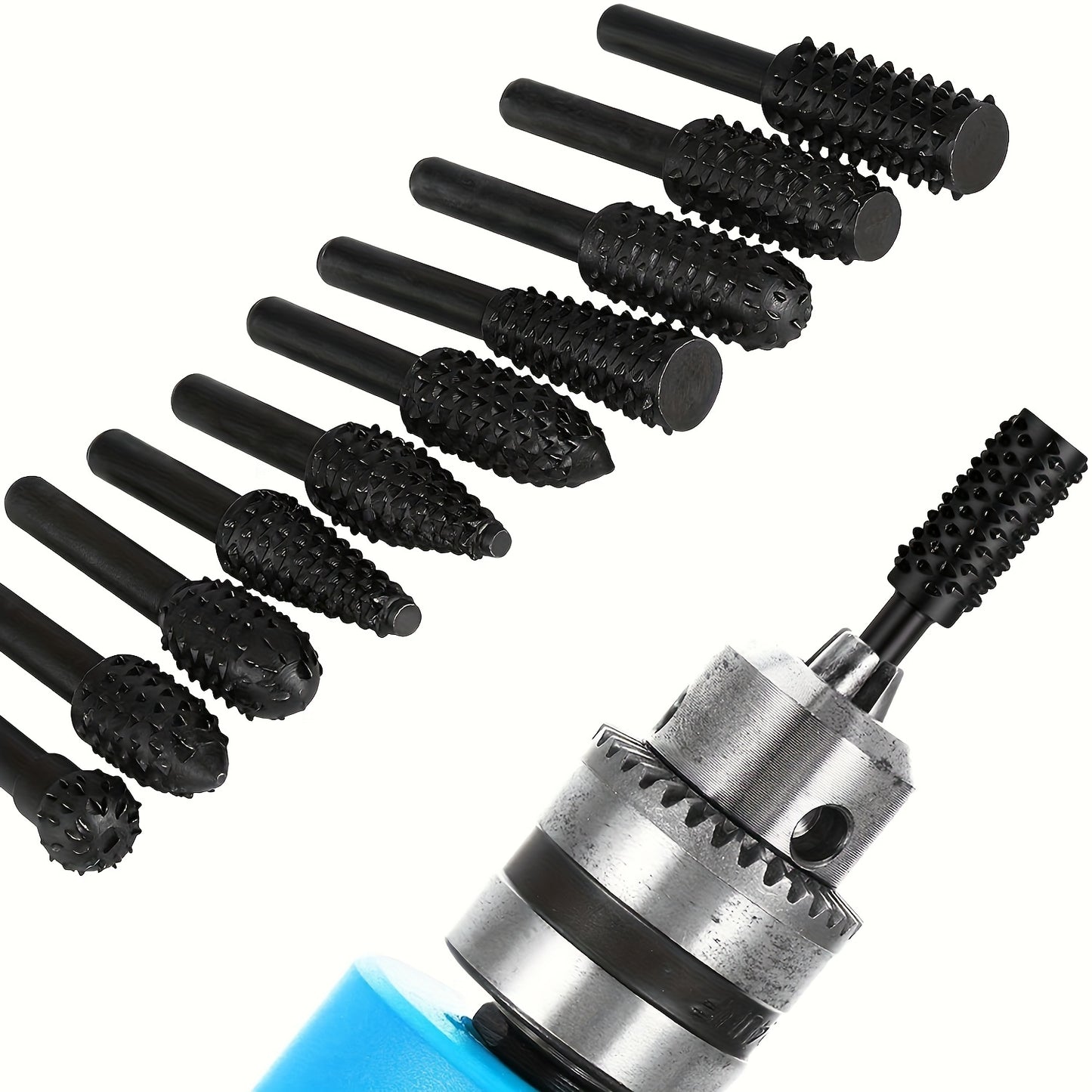 5/10pcs Wood Carving File Rasp Drill Bit Set, 1/4" 6mm, DIY Woodworking Rotating Chisel Shaped Burr Power Tools.