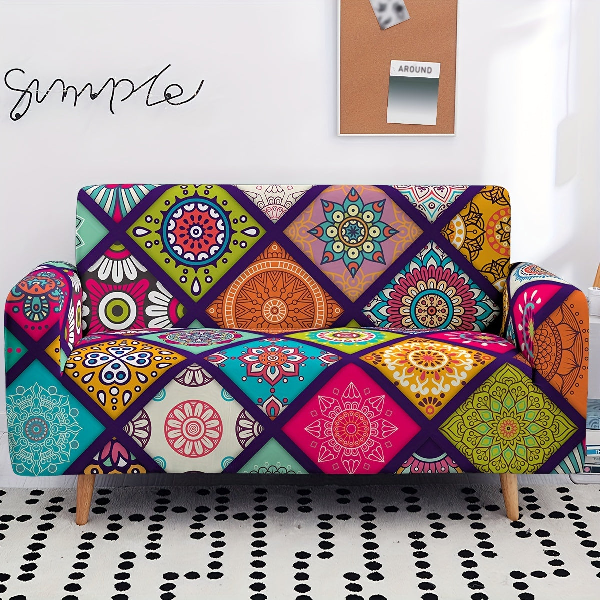 Colorful stretch sofa cover with elastic band adds a bohemian touch and protects furniture.