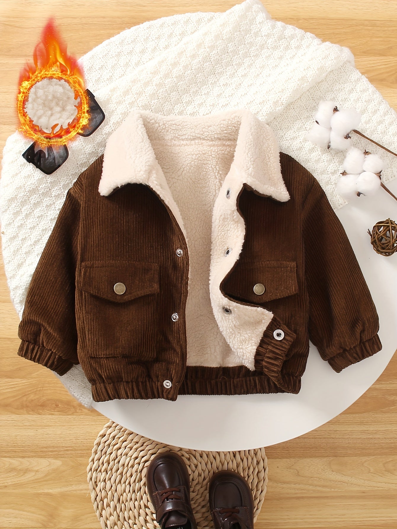 Baby boy's corduroy jacket with warm fuzzy lining, button front, and turndown collar. Perfect for fall and winter outdoor activities.