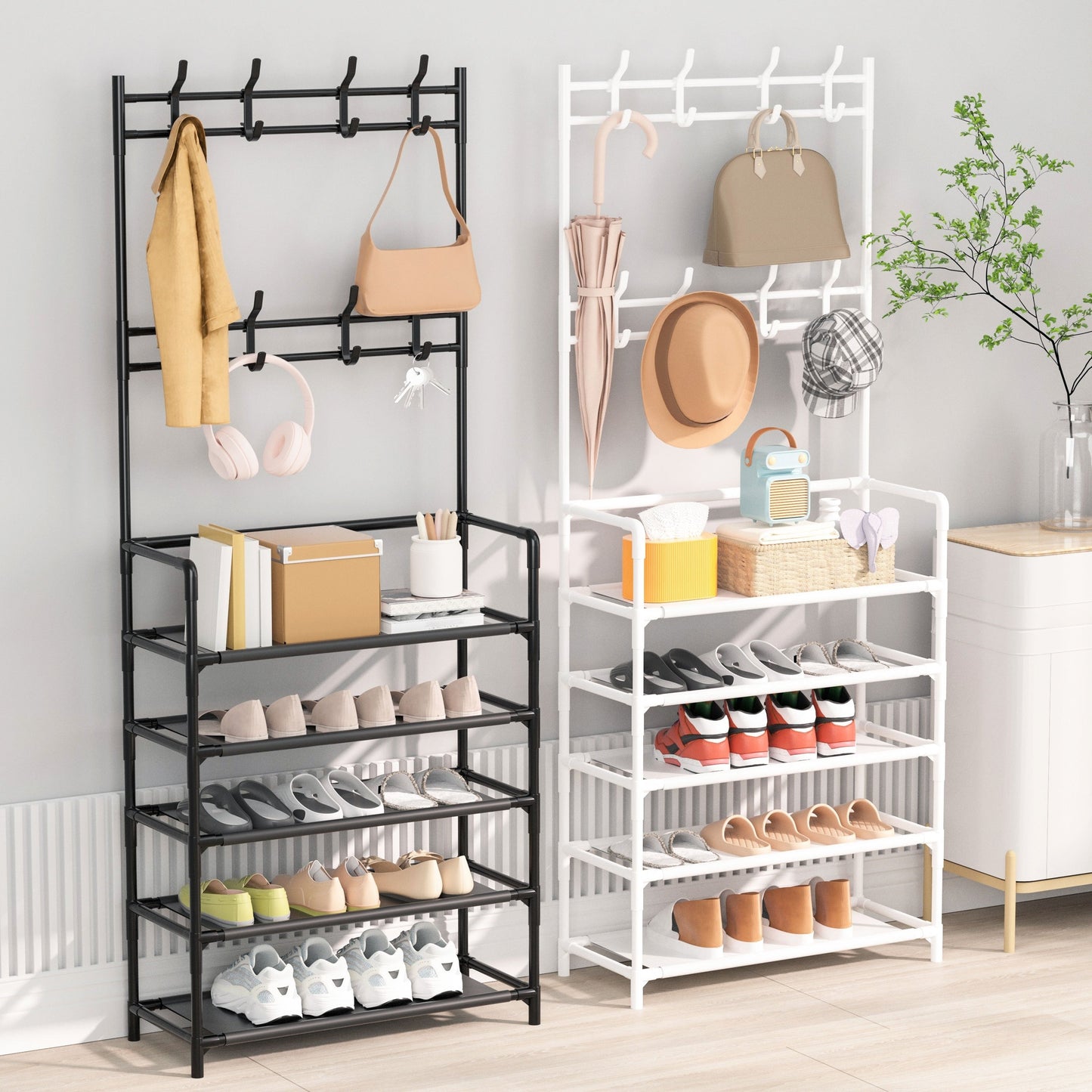 This 5-tier shoe rack is made of durable carbon steel and features 8 hooks, making it perfect for organizing shoes, bags, umbrellas, boots, hats, and more. It is a versatile storage solution that is sturdy and space-saving. Easy to assemble, this shoe