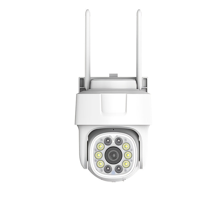 This WiFi security camera offers high-definition 1080P resolution for clear video quality. It includes color night vision, two-way audio, APP control, motion and audio alerts, a pan-tilt head, and is compatible with smartphones. Made with durable ABS