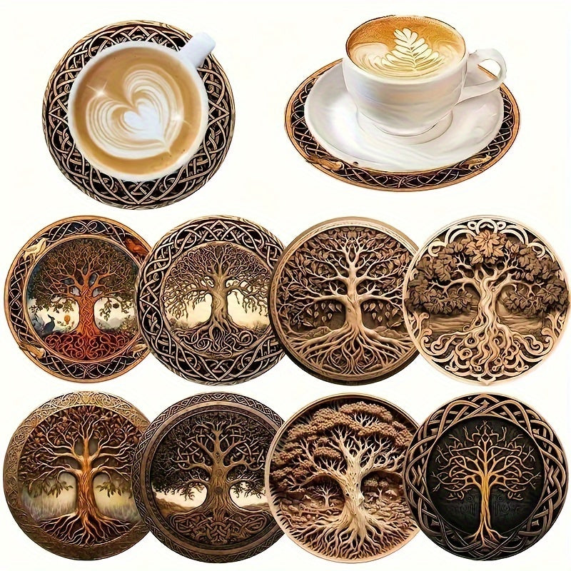 8pcs Tree of Life Wooden Coasters - Artistic Design, Ideal for Drinks, Coffee, Tea - Perfect Home or Restaurant Gift