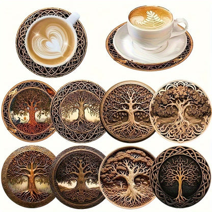 8pcs Tree of Life Wooden Coasters - Artistic Design, Ideal for Drinks, Coffee, Tea - Perfect Home or Restaurant Gift