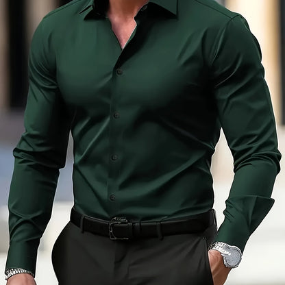 Men's Elegant Long Sleeve Button-Up Shirt made of casual polyester, non-stretch fabric for business and spring/fall.