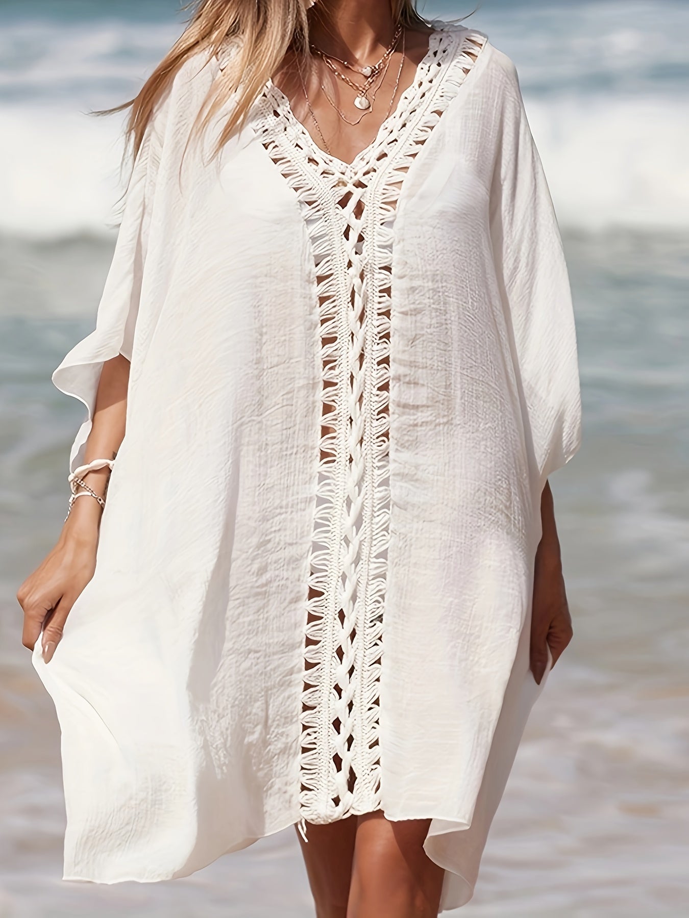 Casual V Neck Crochet Trim Cover Up Dress for Beach Holiday