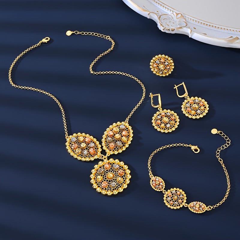 Luxurious MEIZ jewelry set featuring 18K gold-plated pieces in Bohemian and Arabian styles. Set includes necklace, earrings, ring, and bracelet all made with high-quality copper. Versatile for daily wear or gifting, perfect for Ramadan and all seasons.