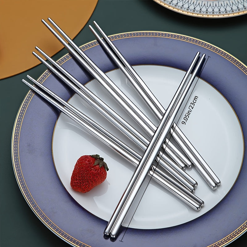 5 pairs of stainless steel Chinese chopsticks, non-slip for sushi and Korean and Japanese food, part of a kitchen cutlery set.