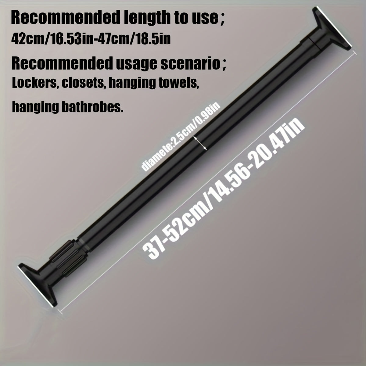 Adjustable tension curtain rod for shower, closet, window, or towel rack. Heavy-duty, no-drill, metal and plastic.