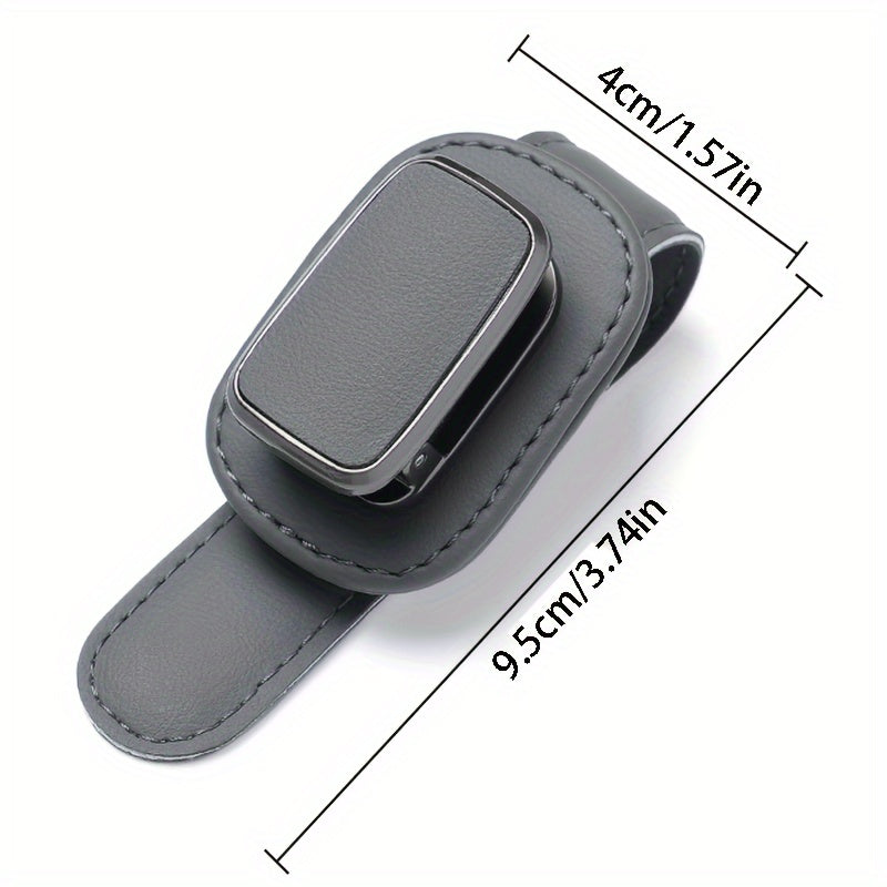 High-quality faux leather car sun visor clip with sturdy glasses holder, universal fit for dashboard and console storage.