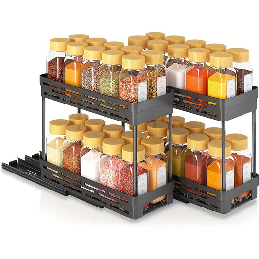 Easy to Install 3-Piece Pull-Out Spice Rack Organizer for Cabinets - Sturdy, Slide-Out Design Accommodates 10 Spice Jars on Each Tier