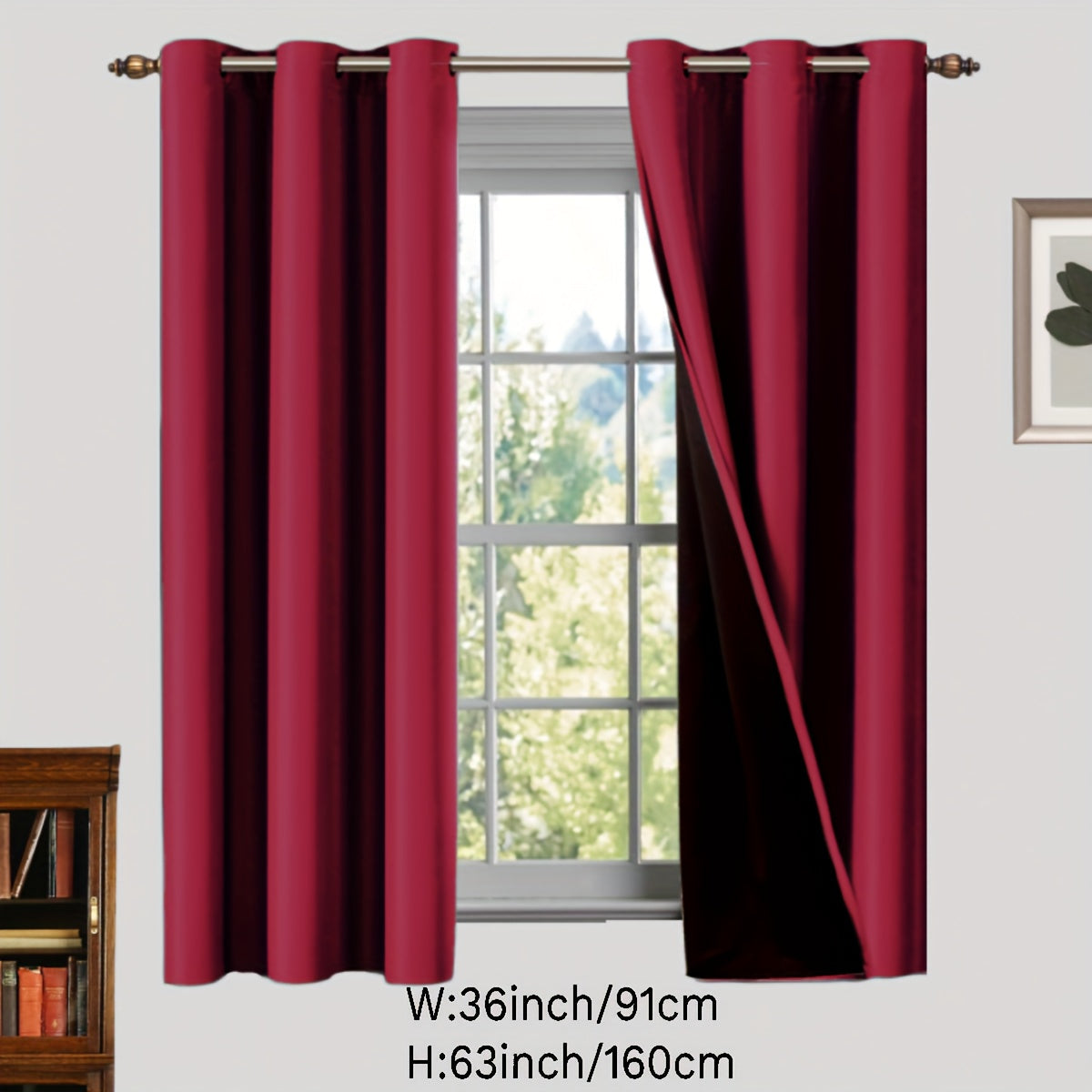 Two pieces of 100% blackout curtains made from polyester, coated and insulated with a grommet top design. Perfect for bedroom, living room, and home decor.