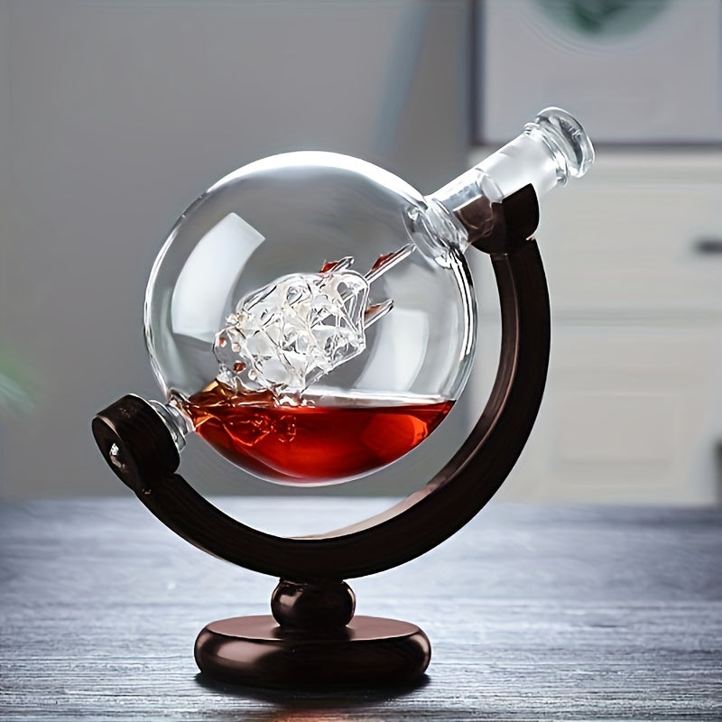 World globe whiskey decanter set with 2 glasses, featuring an etched design with ship inside. Ideal gift for whiskey lovers.