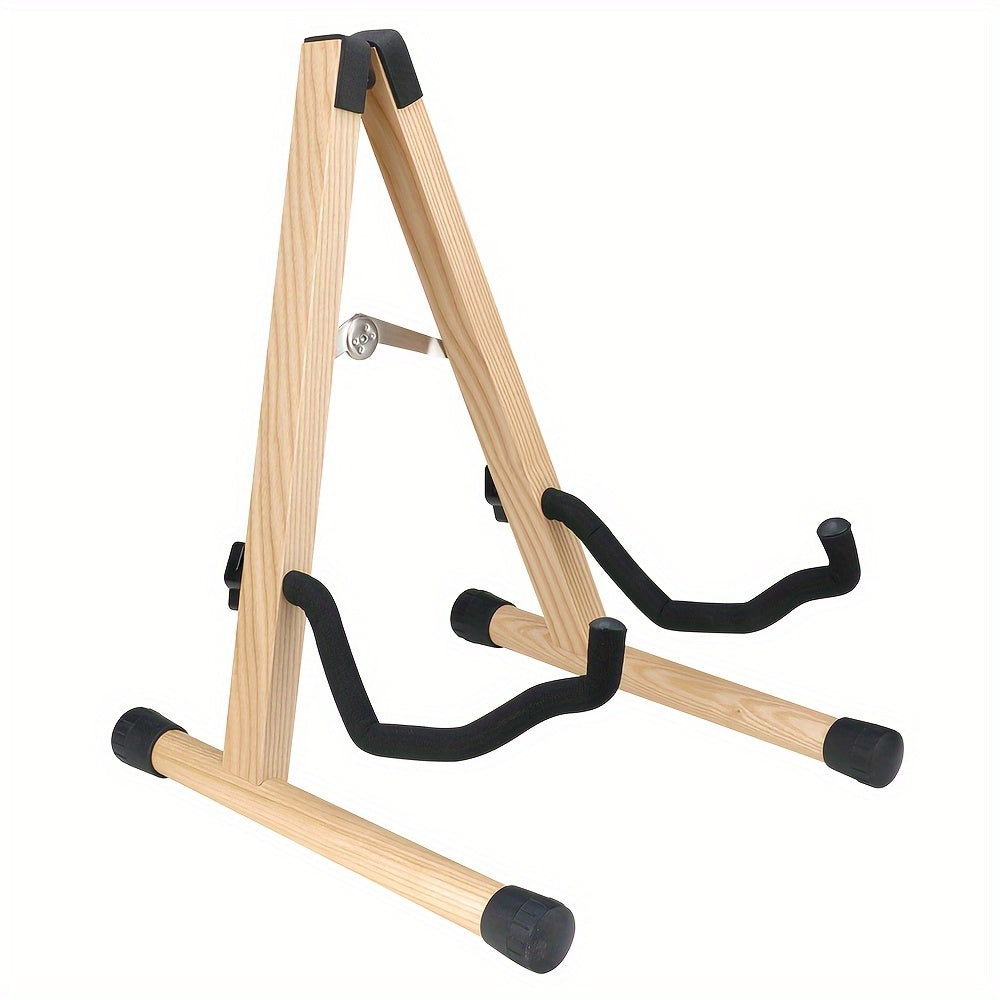 Guitar stand for acoustic, electric, bass, classic banjo, and multiple guitars, made of wood and portable with accessories.