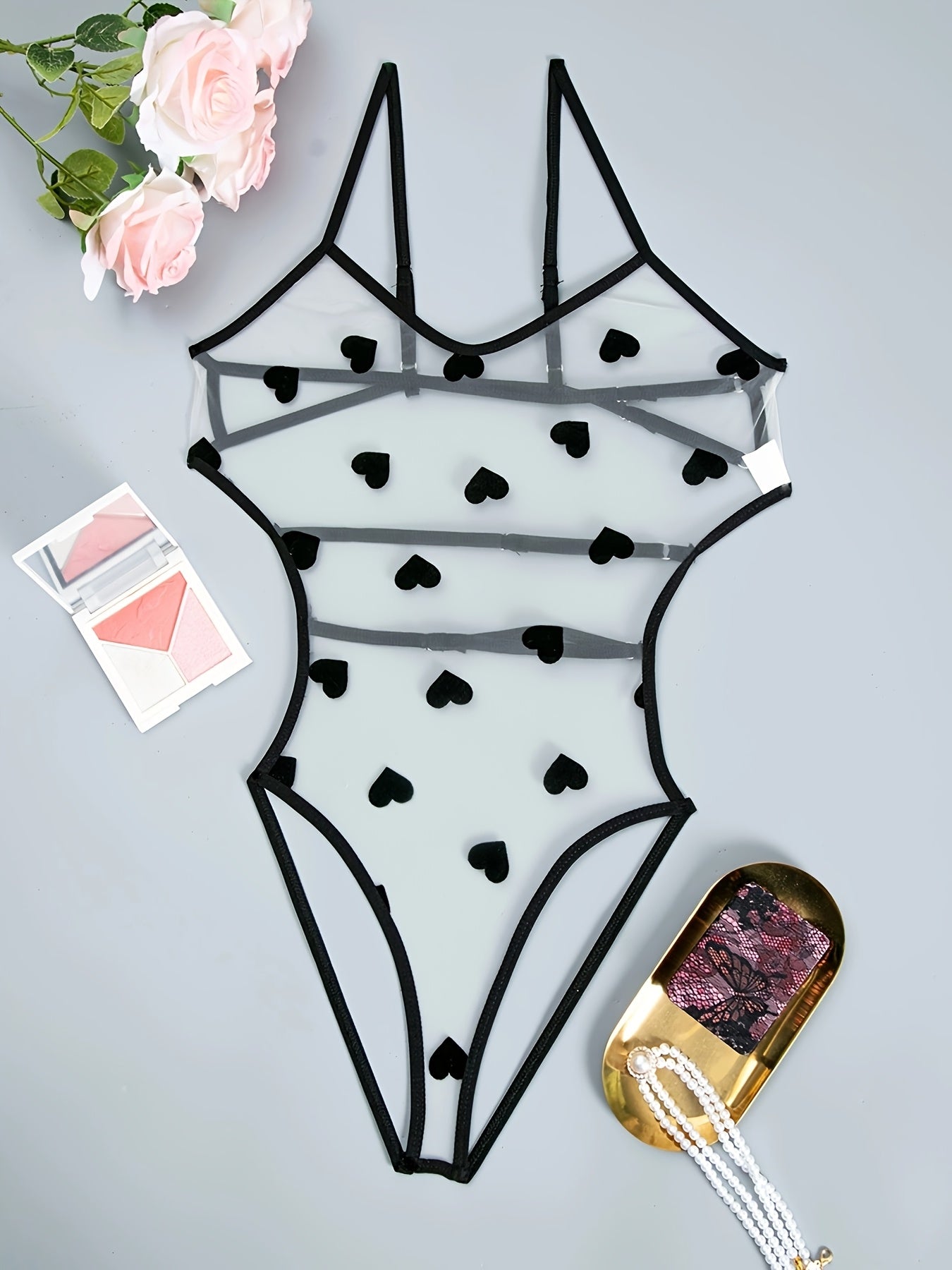 Ayollar uchun Chic Mesh Bodysuit - Qora va Oq To‘qimalar, Shaffof, Yuqori Bel, Kesilgan, Qo‘lda Yuvish mumkin, Polyester