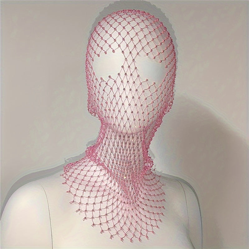 Stylish Fishnet Grid Hollow Mask Mesh Cap with Rhinestone Inlay for Women