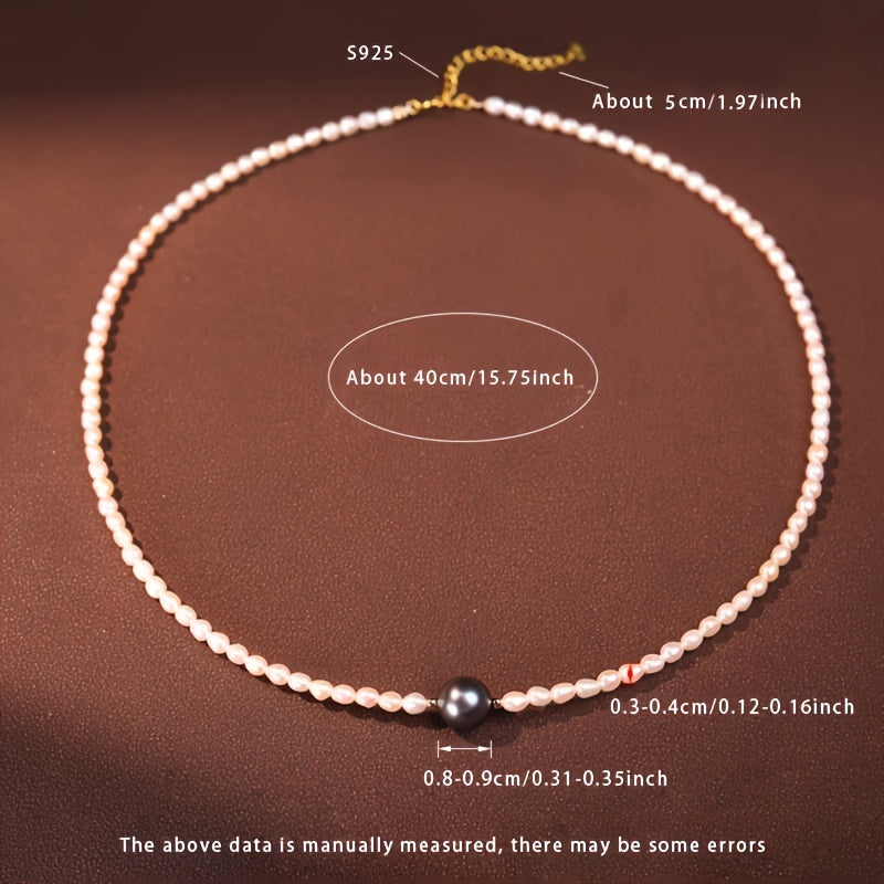 Luxurious MUFAN Pearl Necklace for Women - Featuring Natural Freshwater Pearls and Black Tahitian Pearl Accent, Crafted with S925 Sterling Silver, Adjustable for Perfect Fit, Perfect for Everyday Wear or Gifting, June Birthstone Inspired