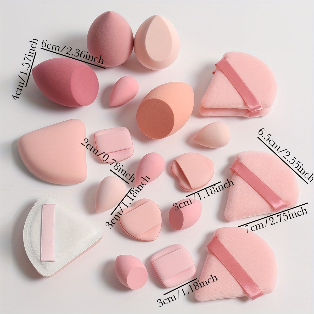 A 20-piece candy set includes various beauty sponges for blending makeup and covering imperfections. Latex-free and suitable for all skin types.