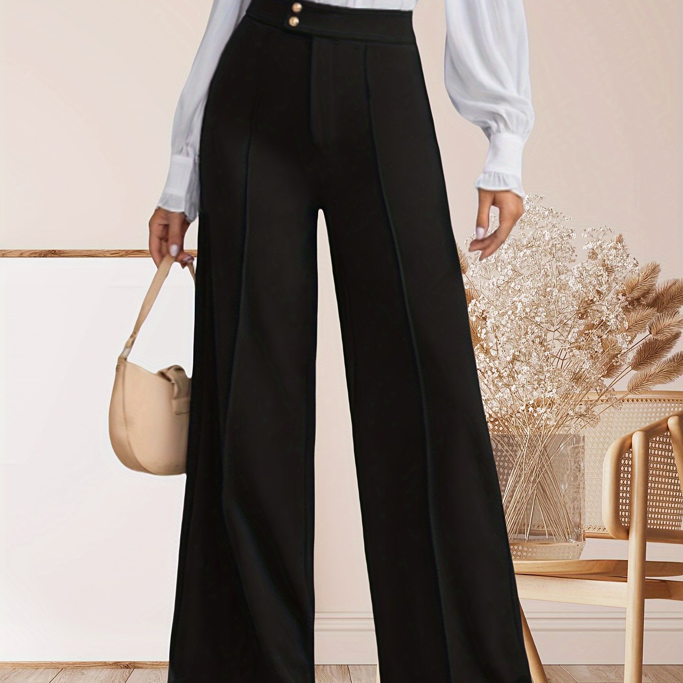 Women's High-Waisted Palazzo Pants - Elegant, Wide-Leg, Button Fly, Suitable for Work and Casual Wear