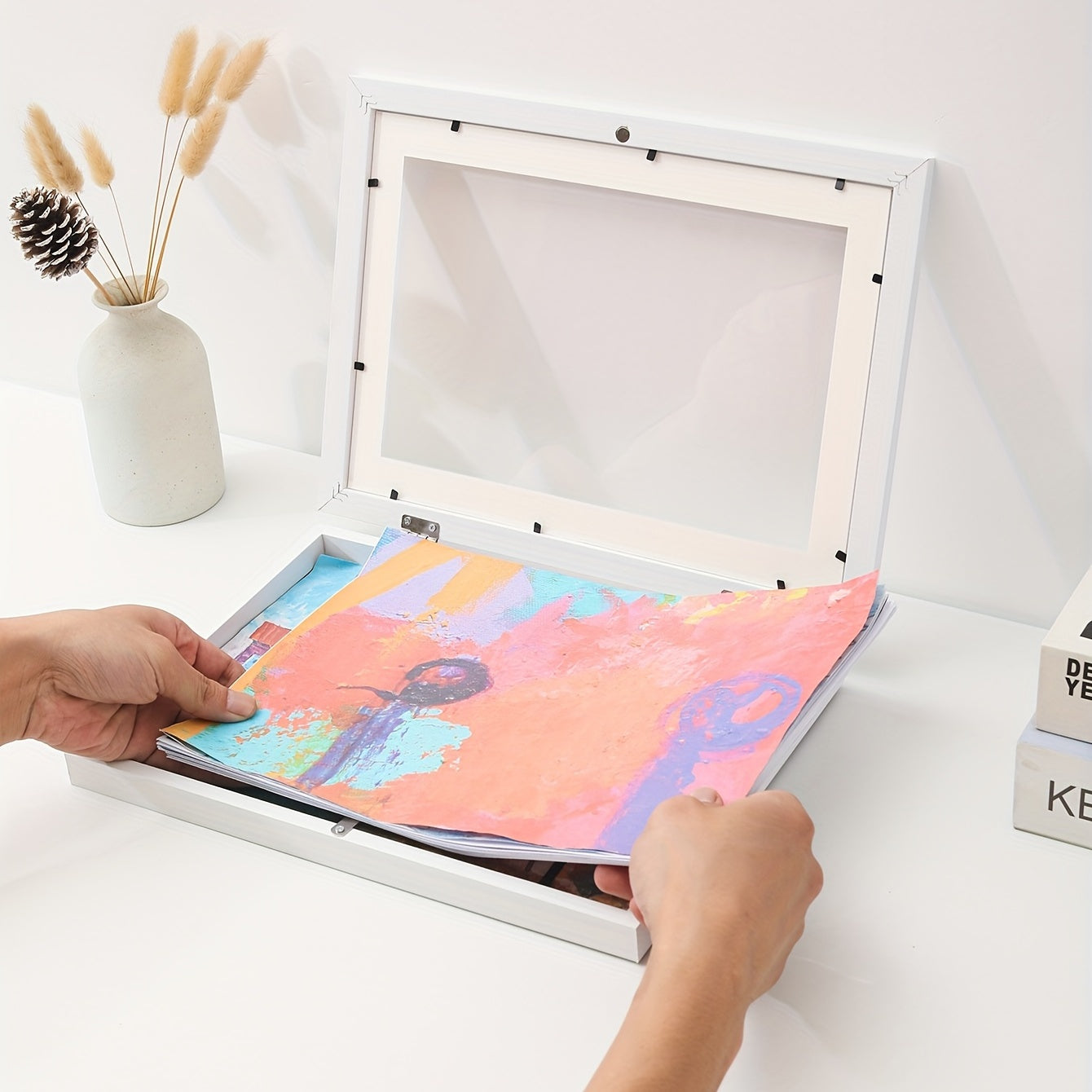 Children's art picture storage frame with a two-fold A4 wooden photo frame.