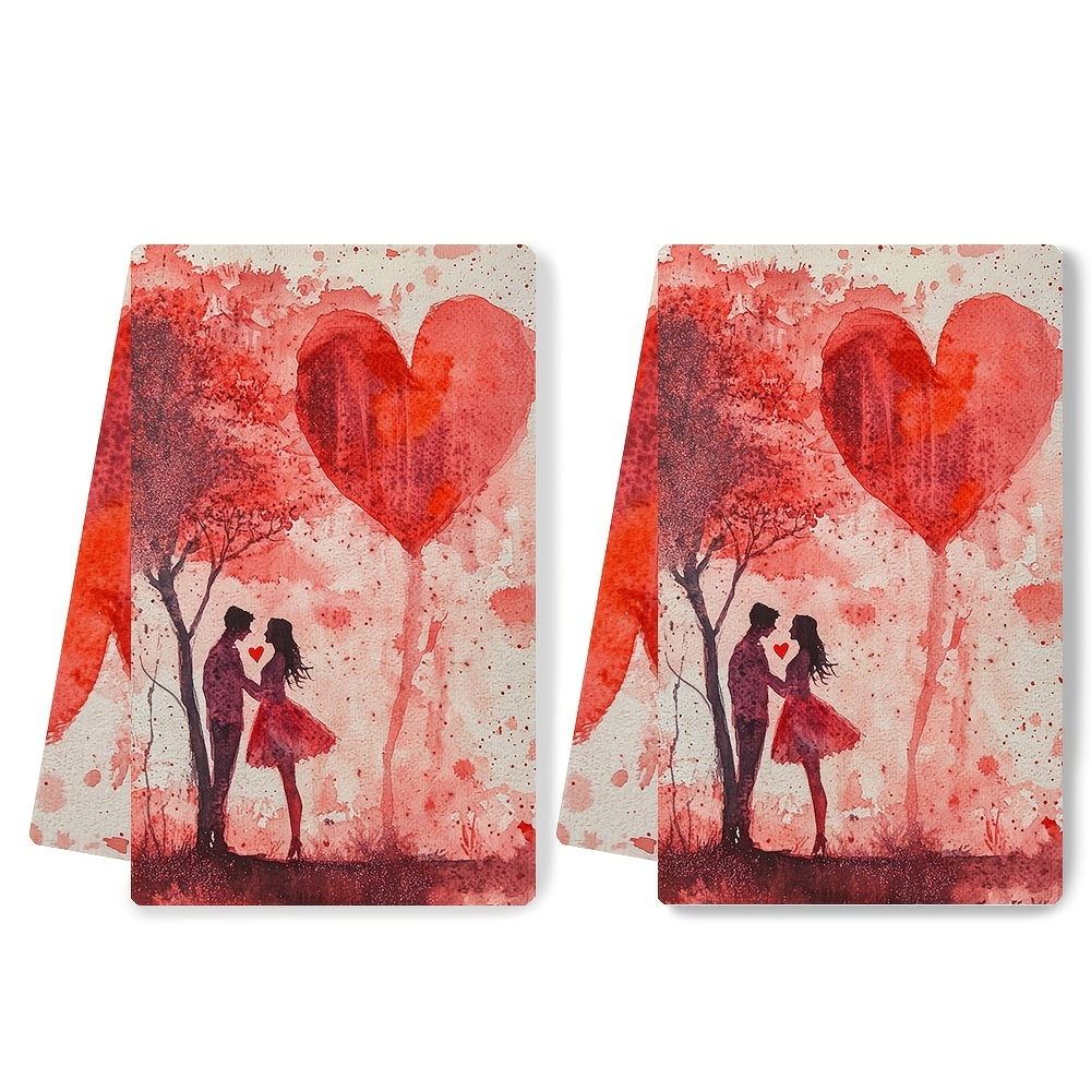 Valentine's Day Kitchen Towels Bundle - Set of 2, Modern Coastal Design, Highly Absorbent Polyester Knit Material, Easy to Clean in Washing Machine, Size 40.64x60.96 cm, Featuring Love & Glitter Theme for Festive Decoration.