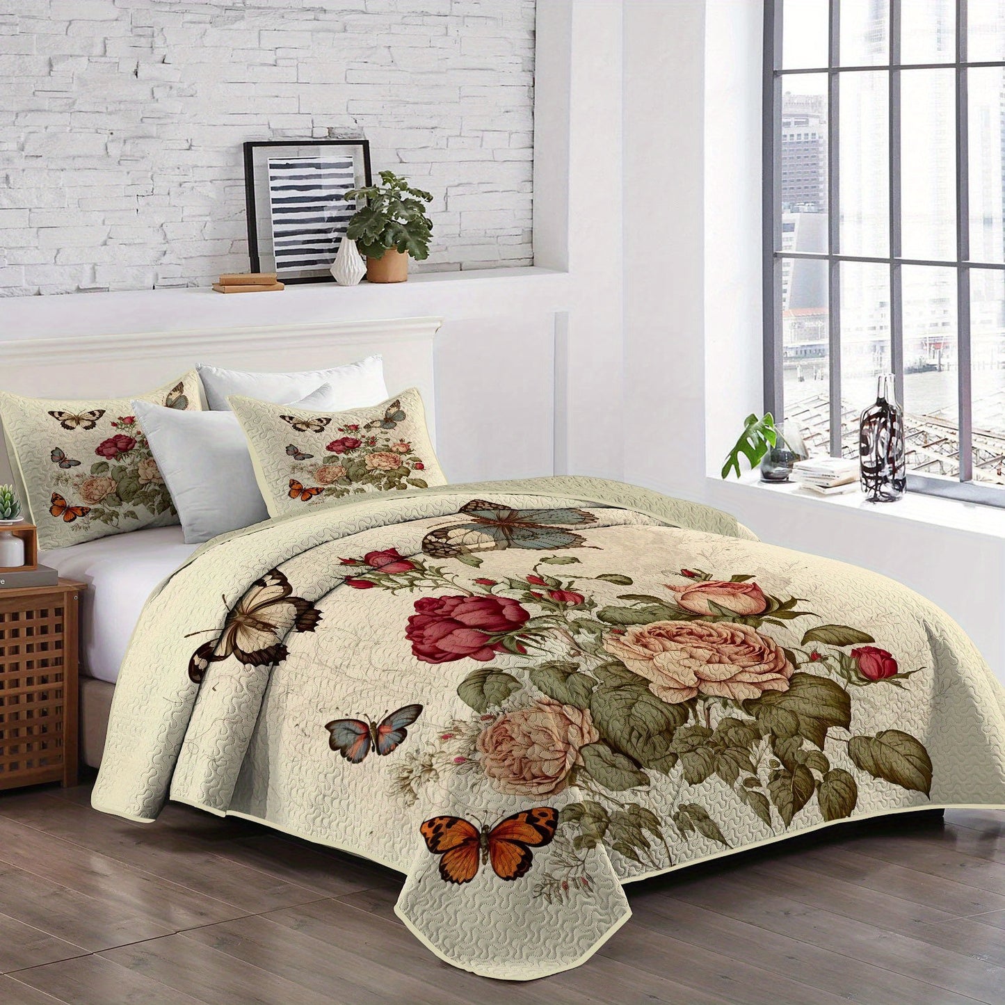 Rose & Butterfly Print Bedding Set - 3pcs Quilt Cover and Pillowcase Combo, Soft Polyester, Machine Washable - Ideal for Bedroom Decor