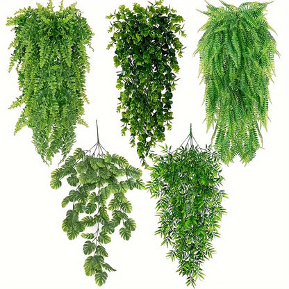 5pcs of artificial hanging eucalyptus vines, UV resistant and suitable for indoor and outdoor walls. Perfect for weddings, room decorations, bedrooms, Christmas, and Thanksgiving.