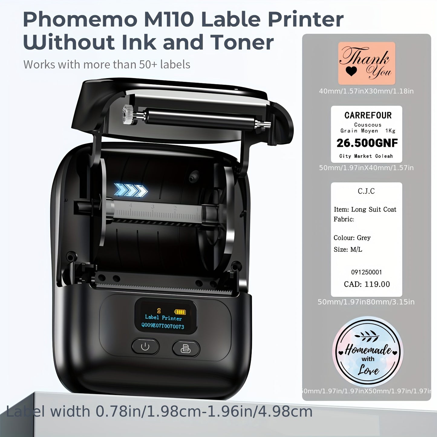 Phomemo M110 Mini Wireless Thermal Label Printer for Small Business, Home, Office, and Clothing Labels.