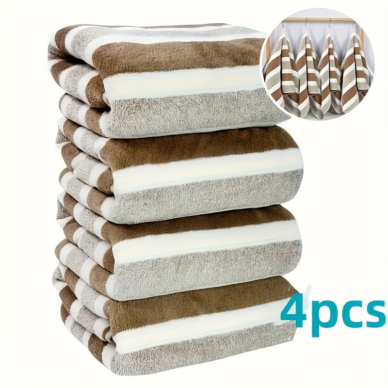 LDQ 4 Ultra-Soft Coral Fleece Towels - Quick Dry, Striped Hand & Face Towels, 34.8x74.93 cm