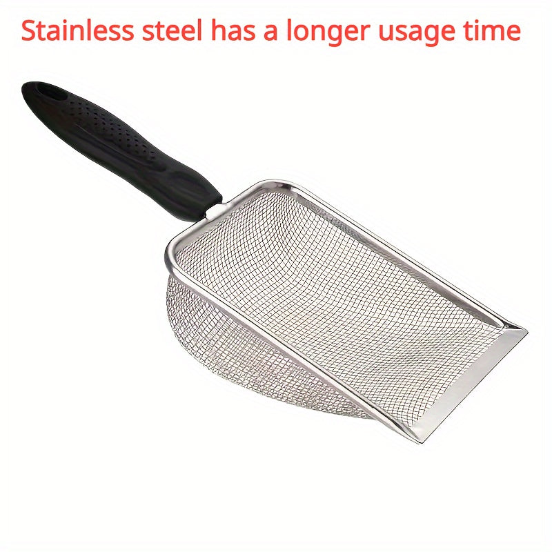 Durable stainless steel cat litter scoop with deep shovel for easy cleaning.